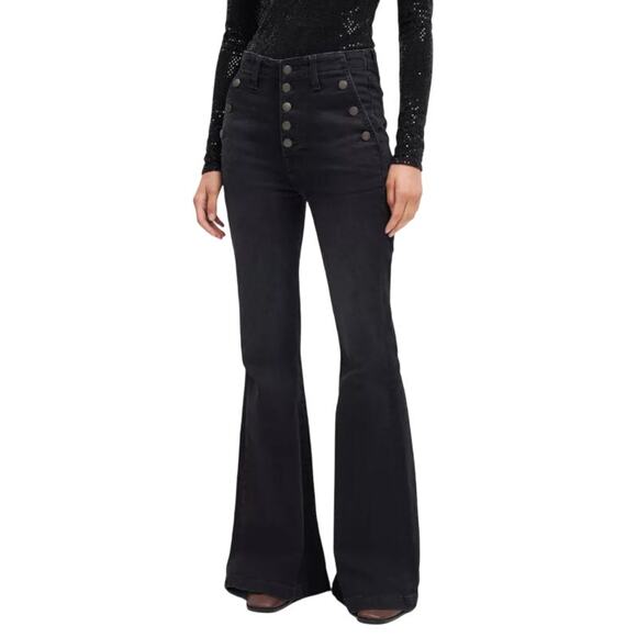 7 FOR ALL MANKIND Portia High Rise Megaflare Jeans Ludlow Black Sailor Buttons - Picture 1 of 16